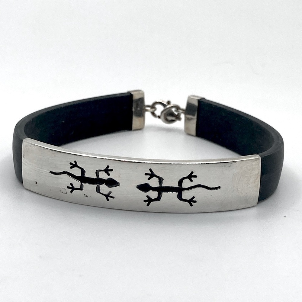 Vtg Sterling Silver Lizard Cut Out Bar Black Rubber 925 Clasp Bracelet 7”